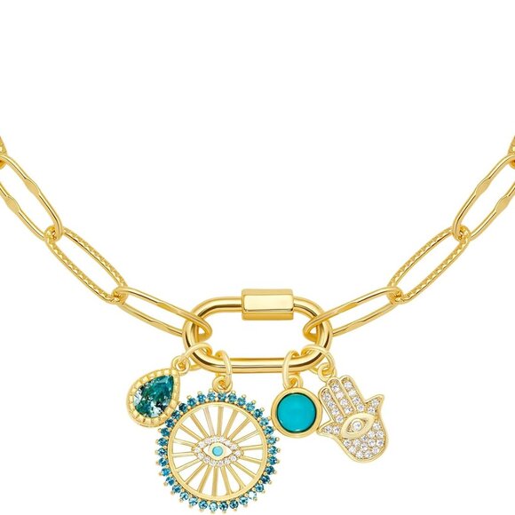 Gold Plated Charm Necklace 18in Paperclip Chain Evil Eye Hamsa Gift - Picture 1 of 5